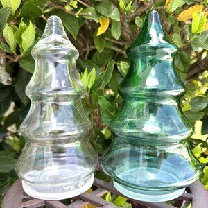 2 Vintage Libbey Clear & Green Glass Christmas Tree Shaped Candy Jar Containers